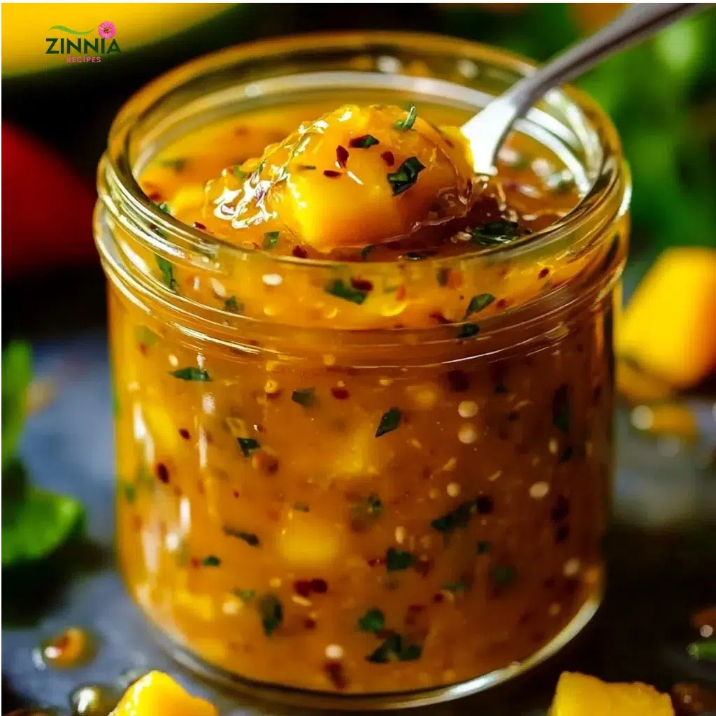 Mango Habanero Honey Garlic Sauce in a jar with a spoon