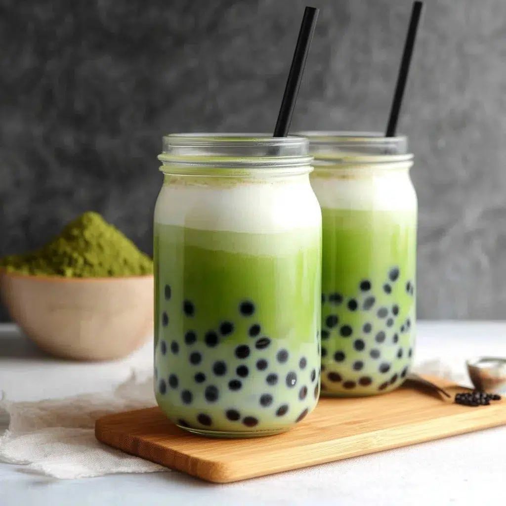 A refreshing cup of matcha bubble tea topped with tapioca pearls.