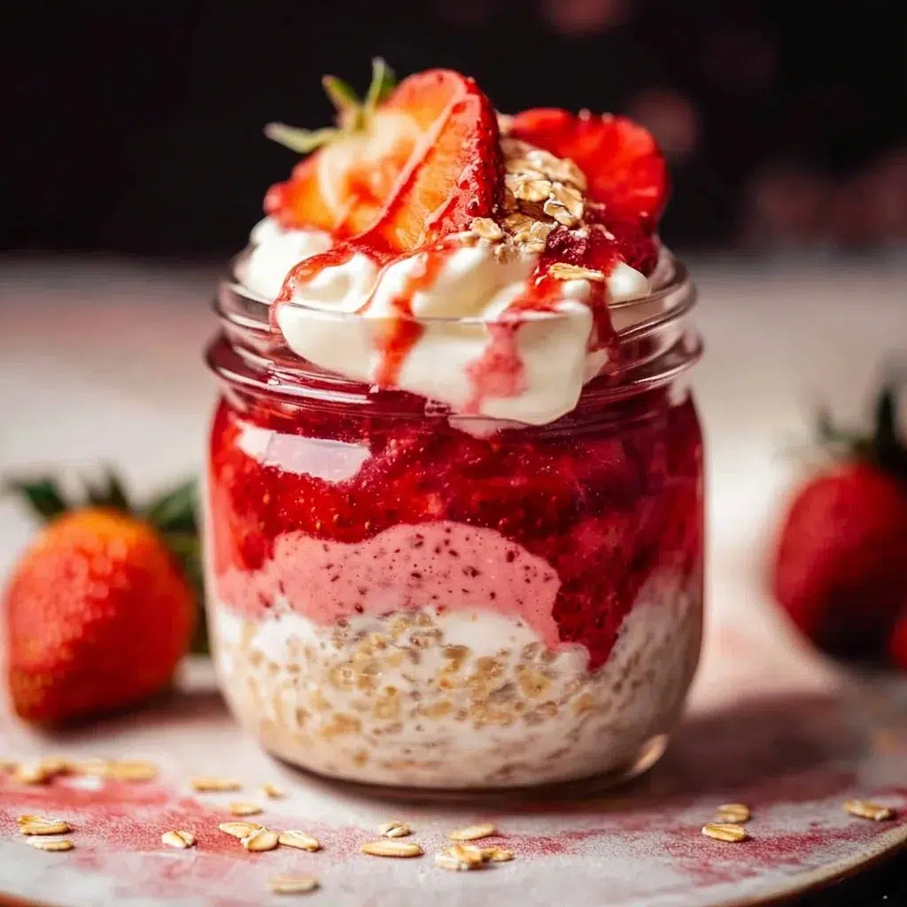 Strawberries and cream overnight oats served in a bowl topped with fresh strawberries.