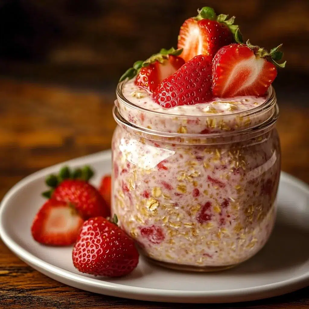 Bowl of strawberry cream oats topped with fresh strawberries and cream