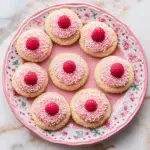 Freshly baked strawberry kiss cookies with a strawberry center