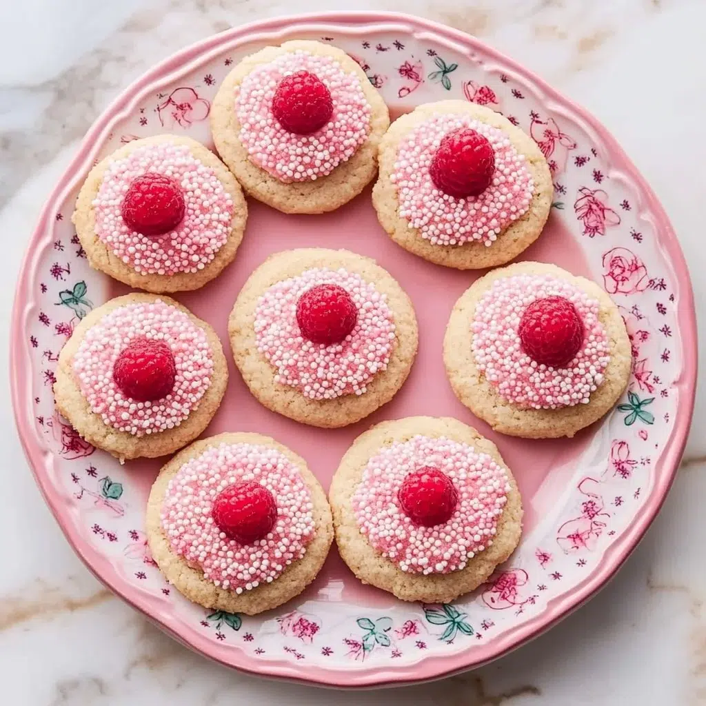 Freshly baked strawberry kiss cookies with a strawberry center