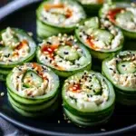 Tasty chicken salad cucumber roll ups on a plate, ready to enjoy.