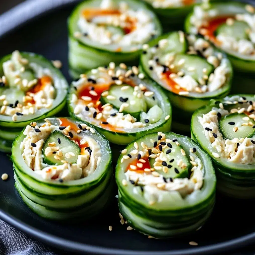 Tasty chicken salad cucumber roll ups on a plate, ready to enjoy.